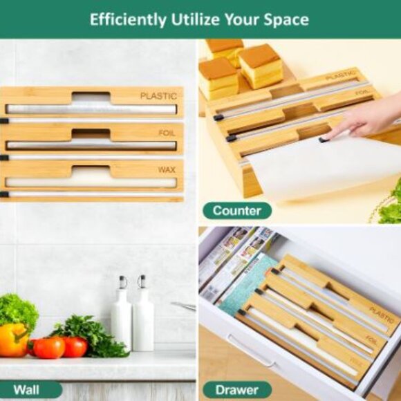 Bamboo Kitchen Organizer 3 In 1, Wrap, Foil and Ziplock bag Organizer - Picture 5 of 6